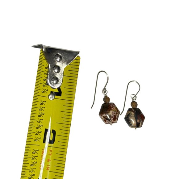 Hexagon Jasper Stone Dangle Earrings Handmade Brown Gemstone Jewelry - Picture 8 of 8